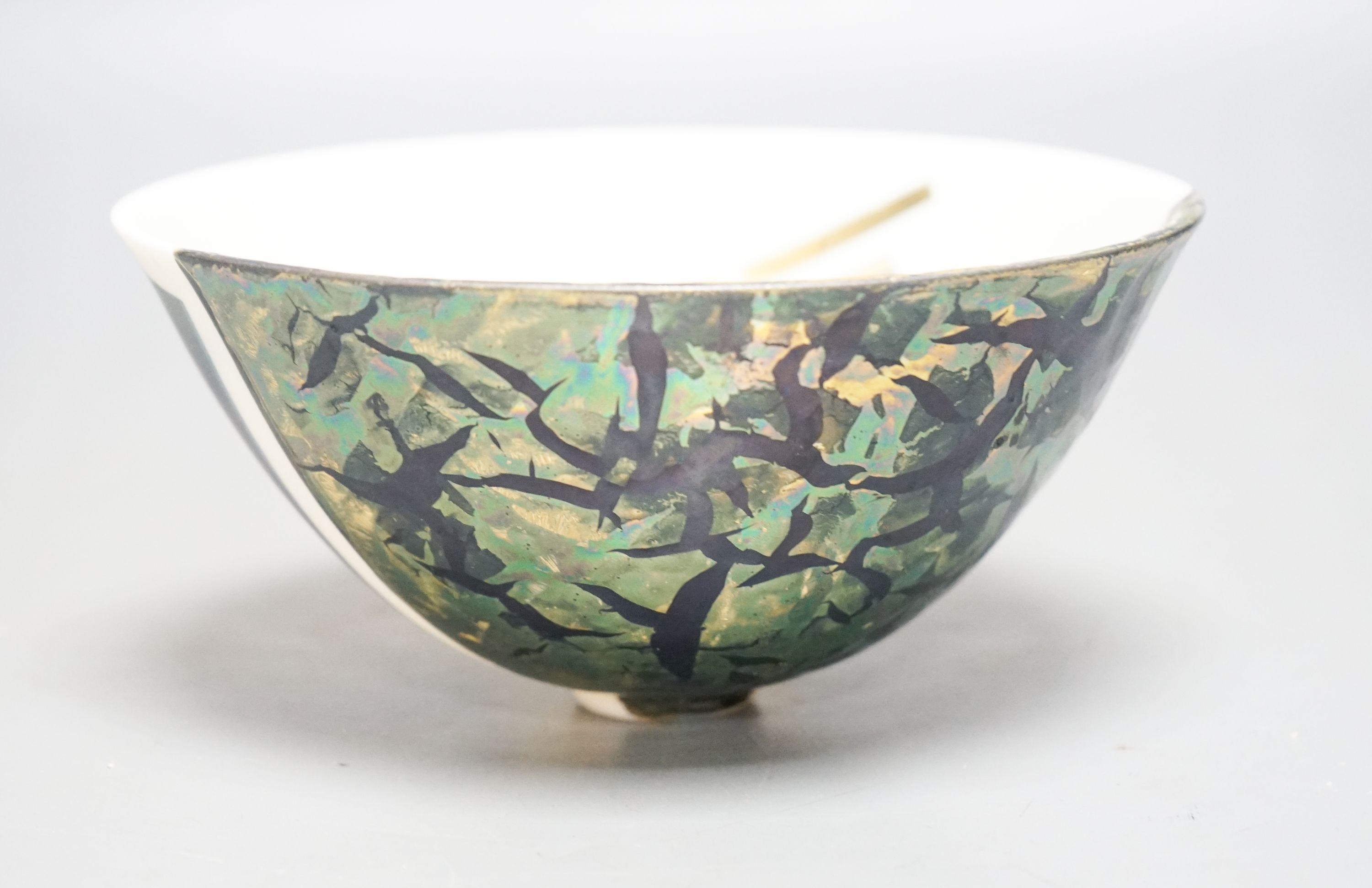 Tony Laverick (b.1961), a geometric metallic lustre decorated porcelain bowl 15cm